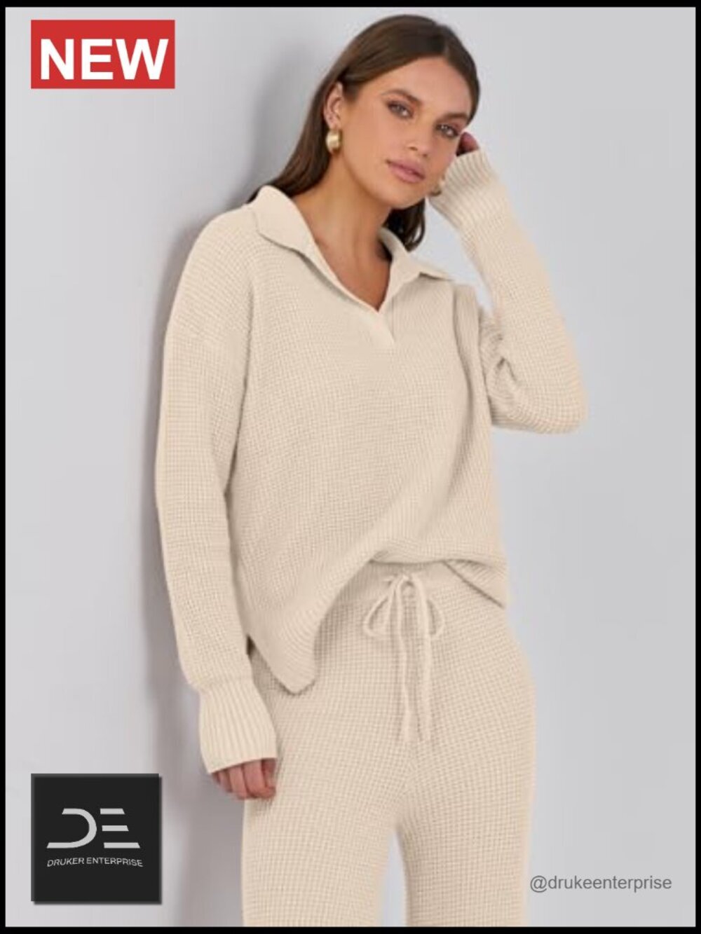 Waffle Knit Two Piece Lounge Set - Pullover & Wide Leg Pants - Picture 3 of 7